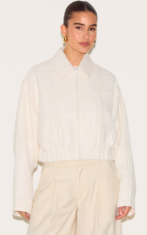 Cream Zip Front Textured Bomber - Lunvika Boutique