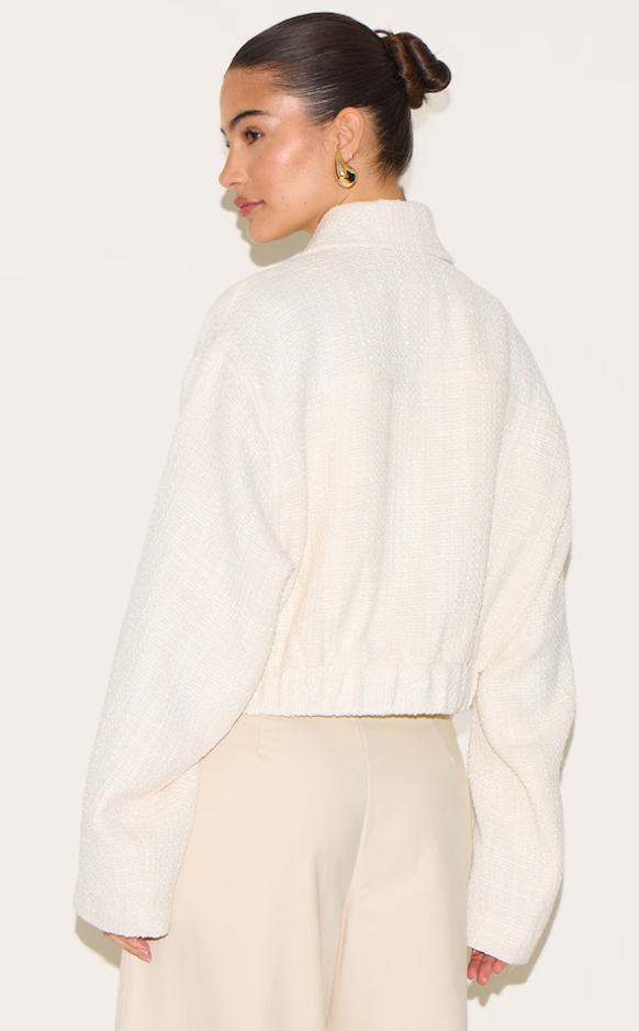 Cream Zip Front Textured Bomber - Lunvika Boutique