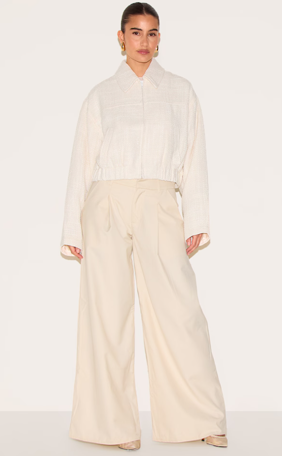 Cream Zip Front Textured Bomber - Lunvika Boutique